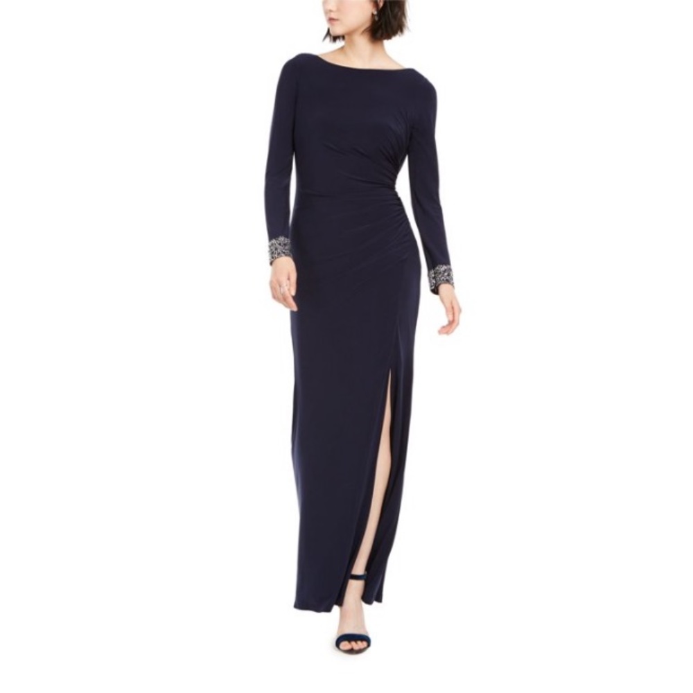 VINCE CAMUTO Womens Navy Long Sleeve Maxi Sheath Evening Dress